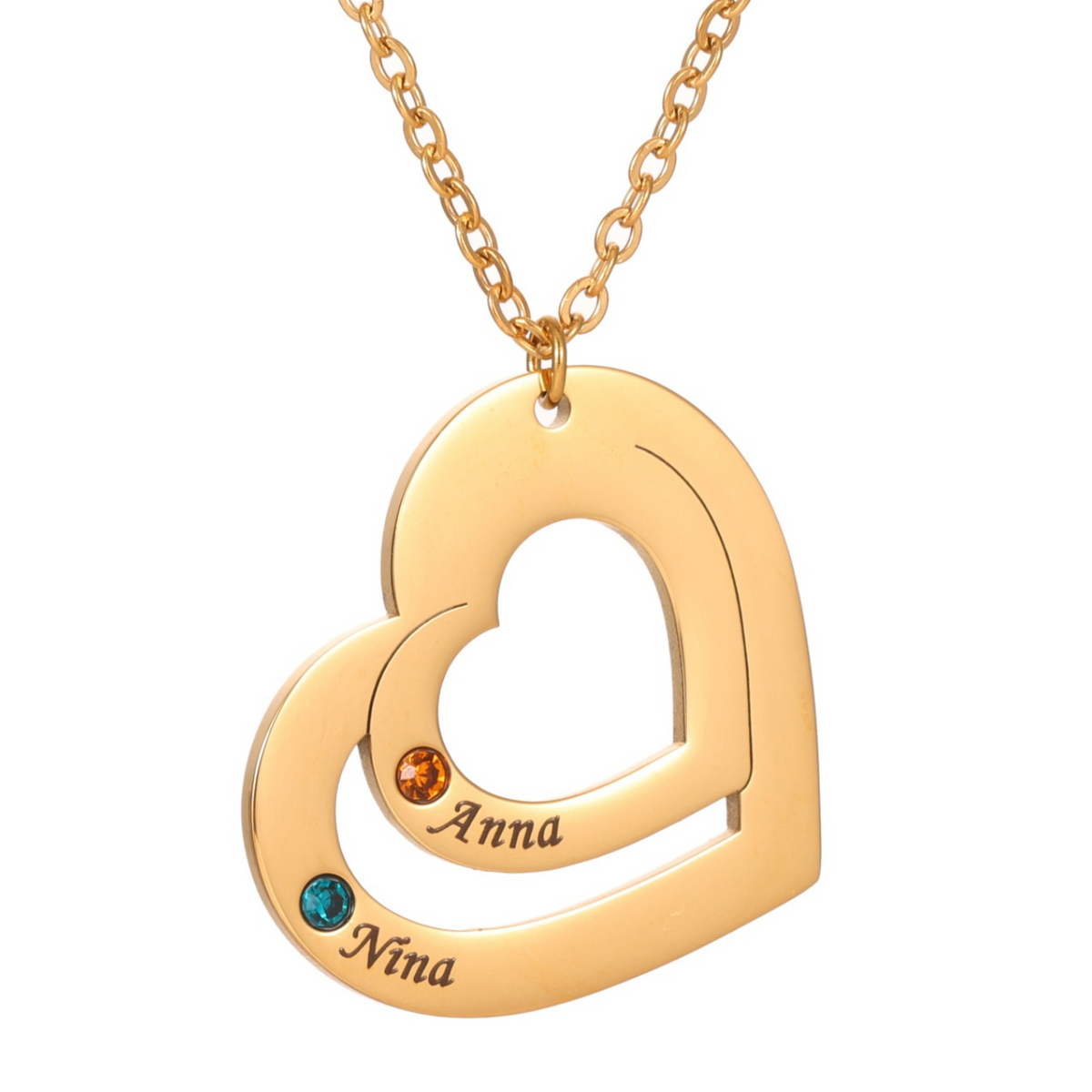 Gold heart-shaped necklace with engraved names on a white background