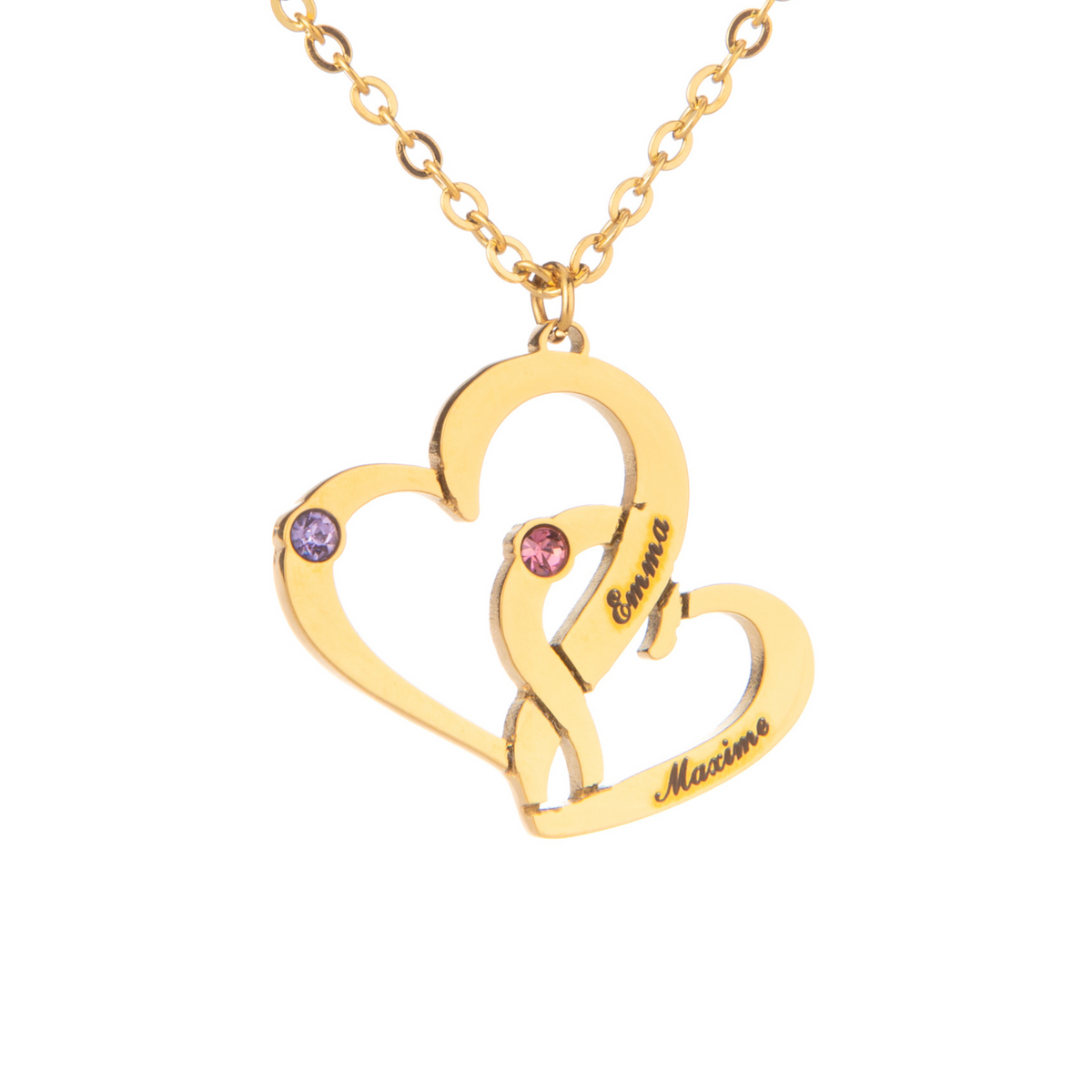 A gold-plated necklace with an intertwined hearts design, featuring two names engraved on it and accented with two purple crystal stones.