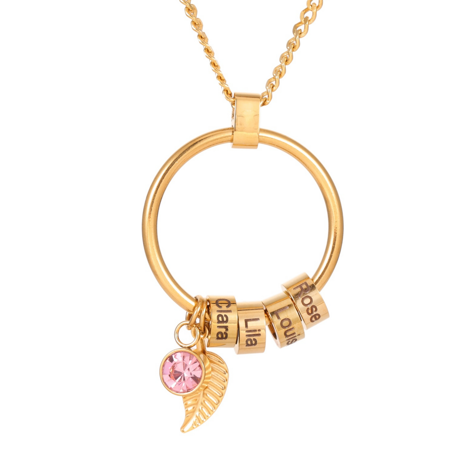 Leaf Circle Necklace - Names & Gemstone