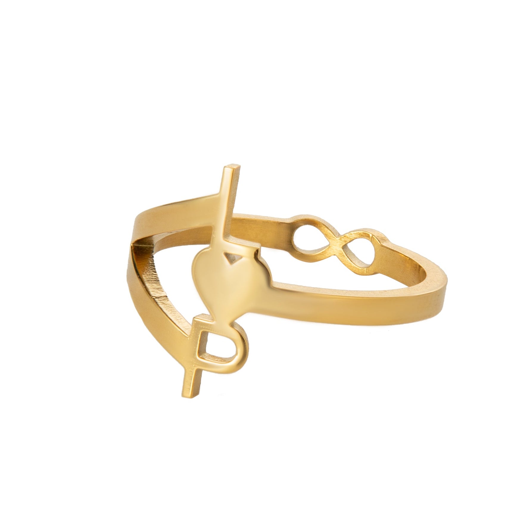 A gold-colored ring featuring an infinity symbol with three custom initials