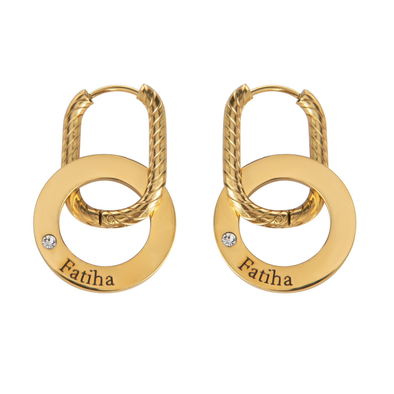 Pendientes de aro grabados con aro retorcido y cristal transparente