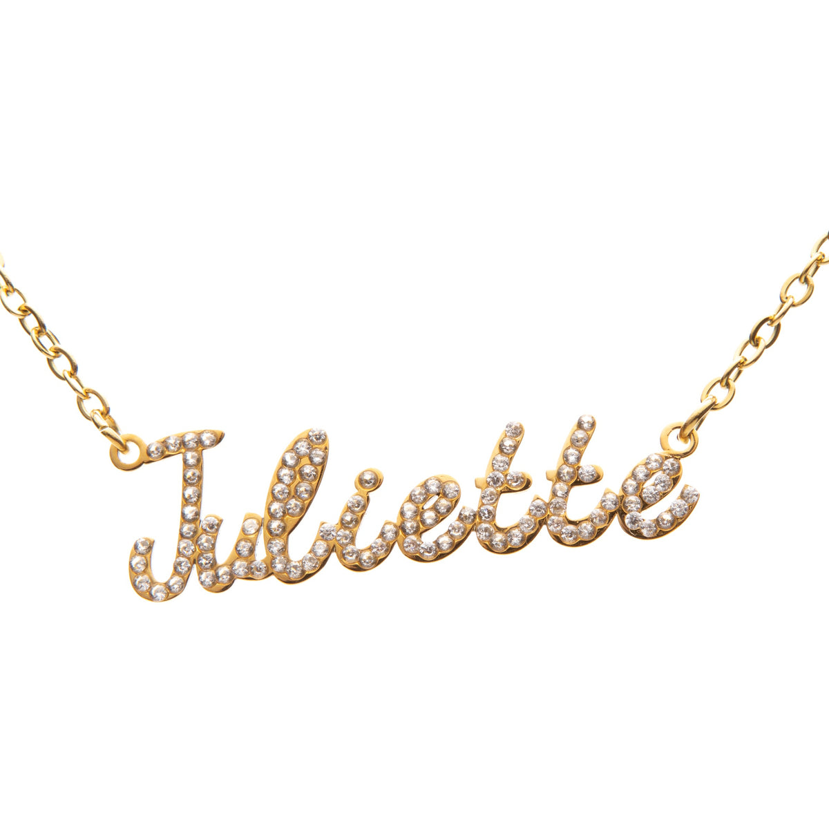 A sparkling name necklace with the name 'Juliette' written in cursive and adorned with crystals on a gold chain.