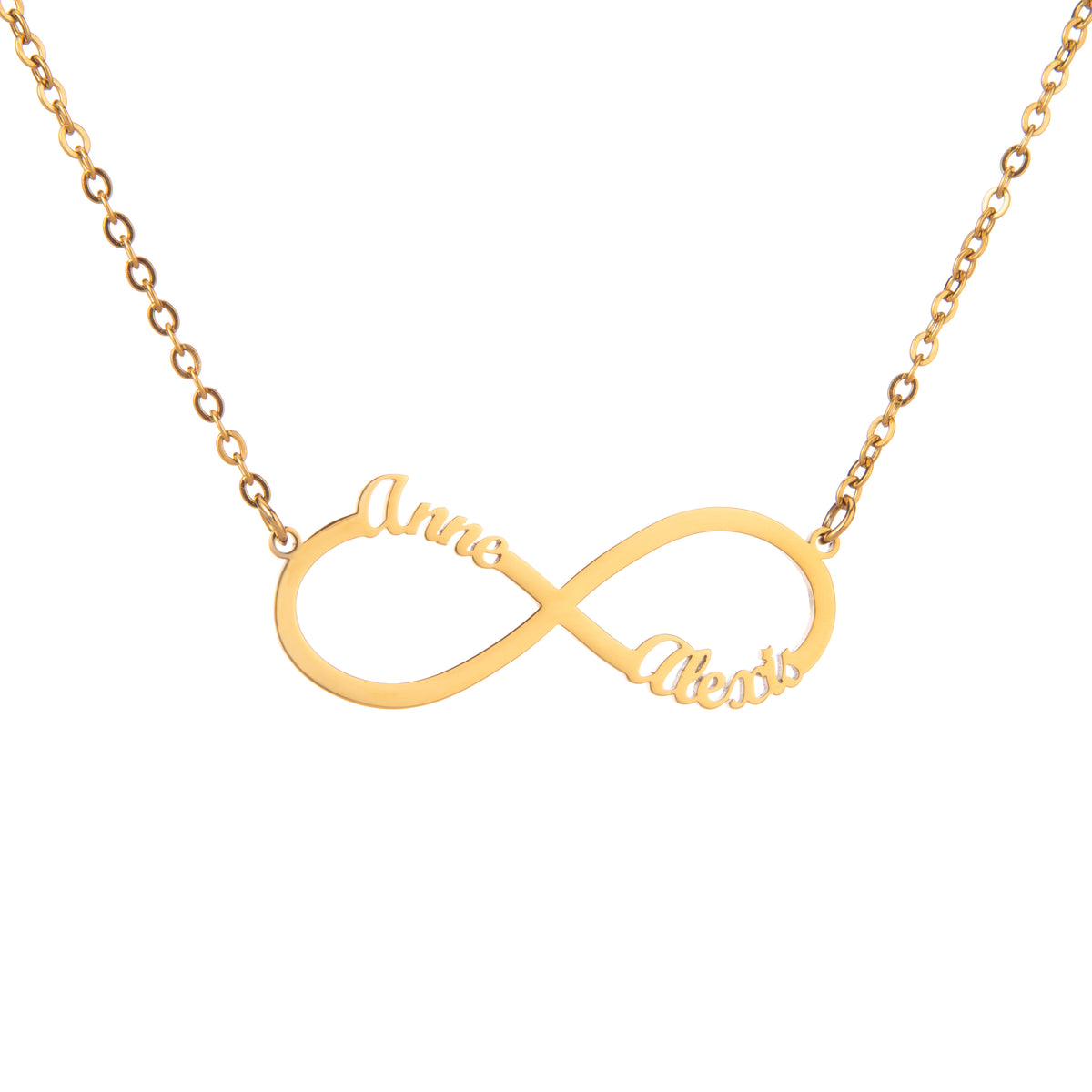 A gold-plated infinity-shaped name necklace with two names customized on it, displayed on a white background.