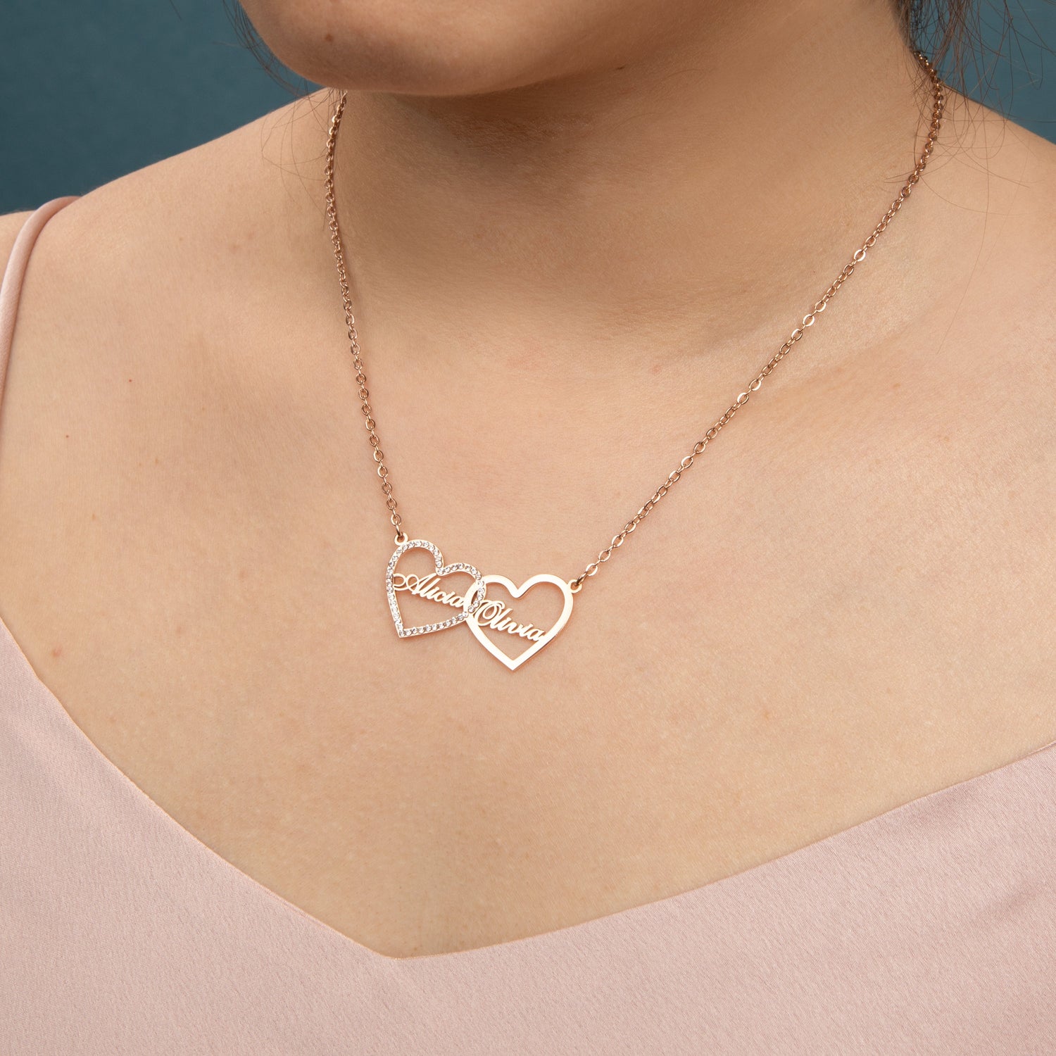 Double Heart Rhinestone Necklace