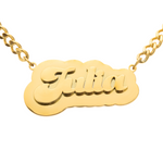 Gold necklace with 'Julia' pendant on a white background