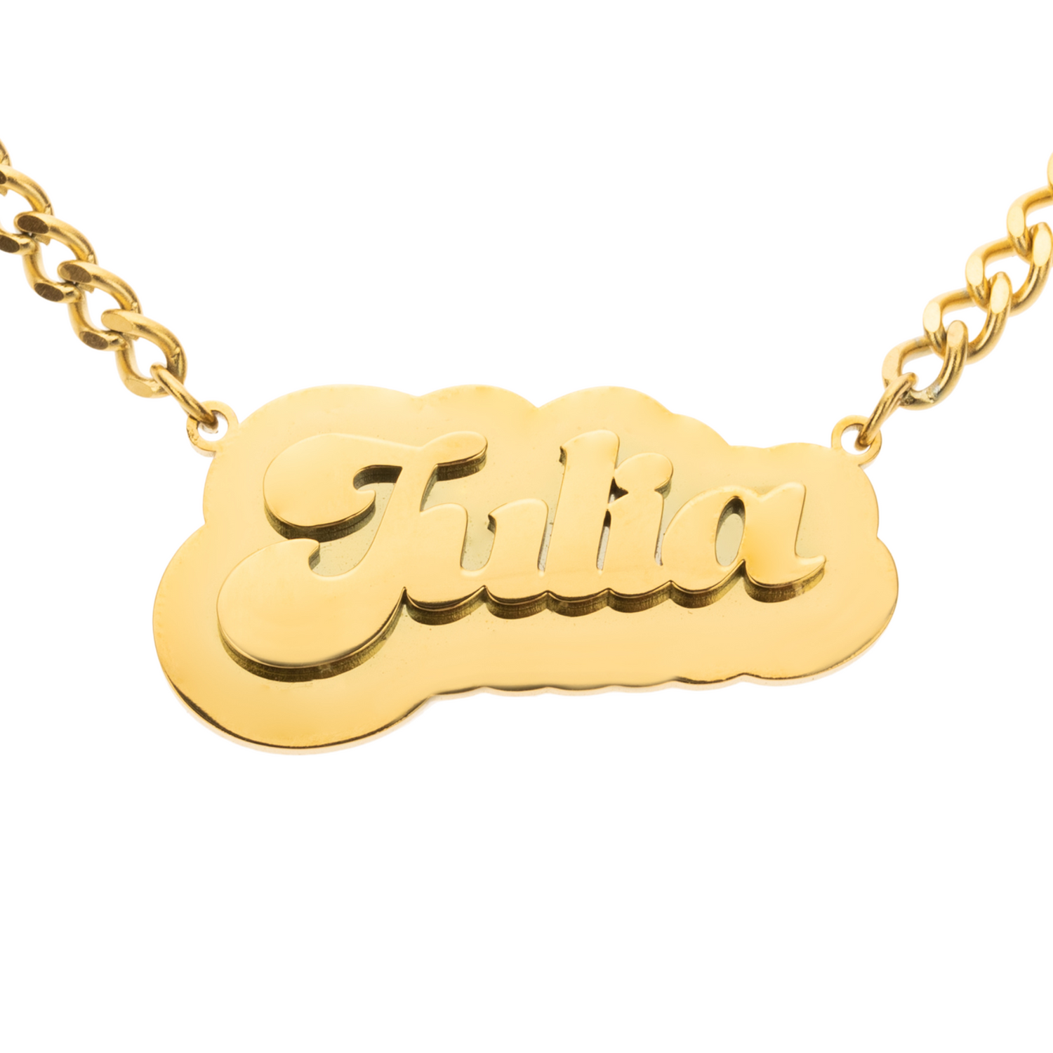 Gold necklace with 'Julia' pendant on a white background