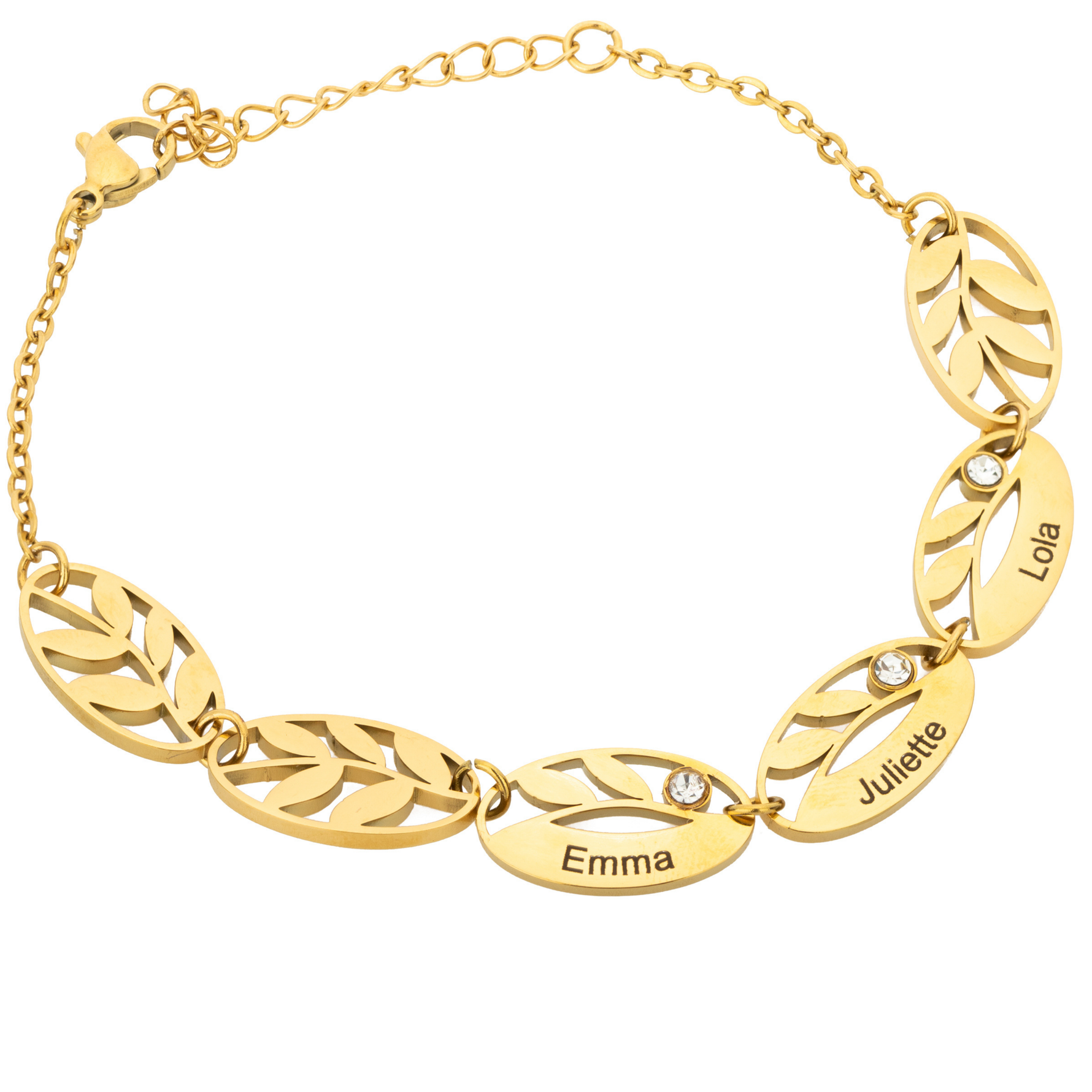 Gold bracelet with leaf-shaped links and engraved names on a white background