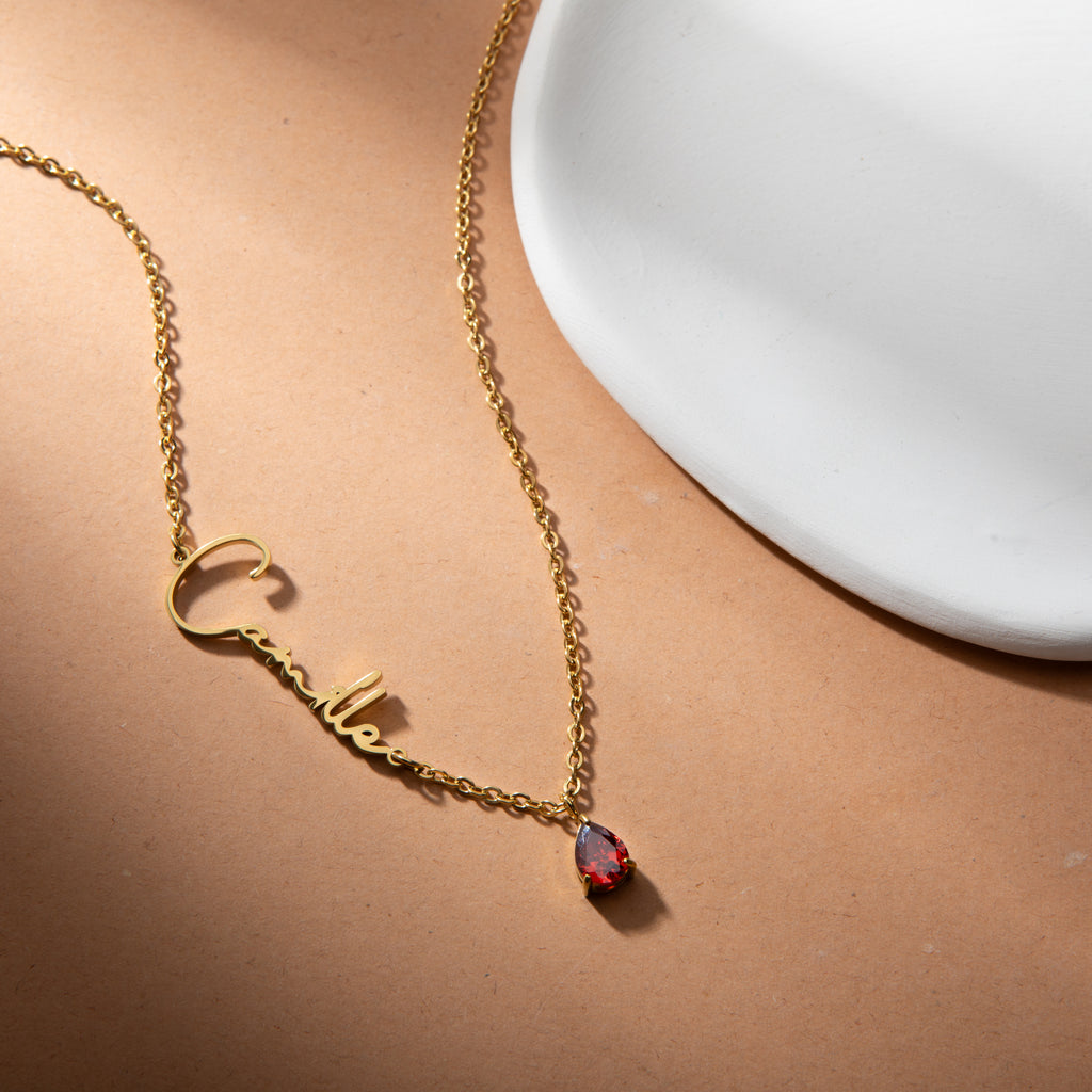 Custom Vertical Name Necklace with Birthstone Charm
