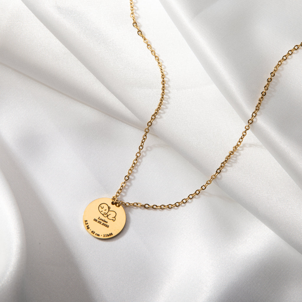 Custom Baby Birth Details Necklace – Engraved Pendant