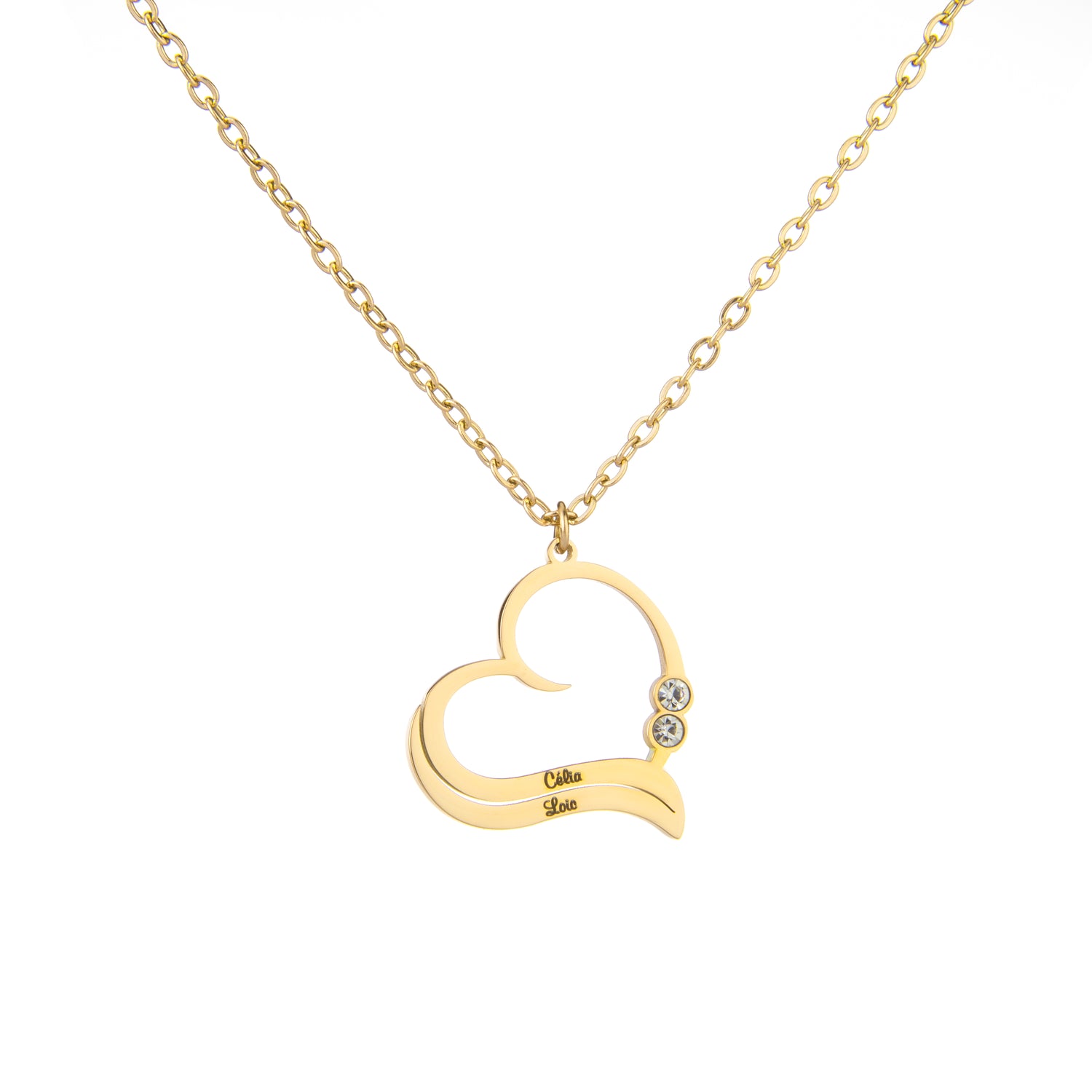 Personalized Open Heart Necklace with Engraved Names & Clear Crystals