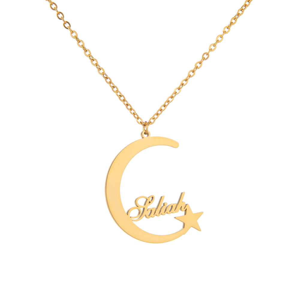 Custom Crescent Moon & Star Name Necklace
