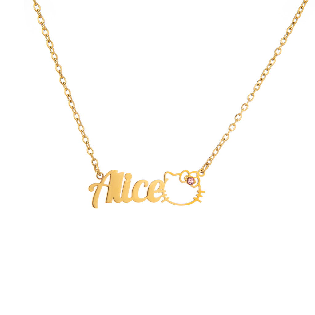 Custom Name Necklace with Cute Cat Outline & Gemstone Bow