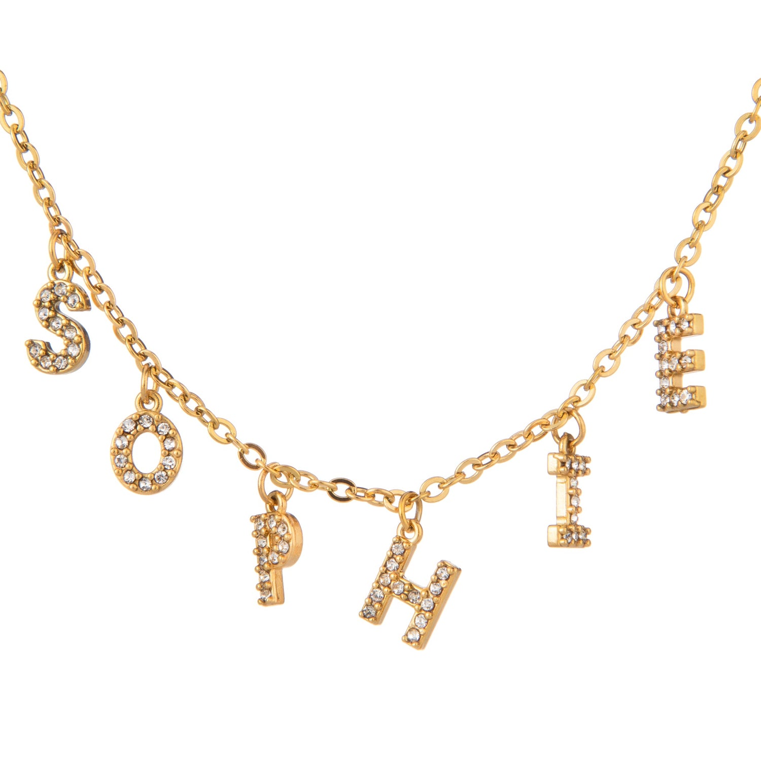 A gold-plated necklace with sparkling stone encrusted letters spelling out the name 'SOPHIE'.