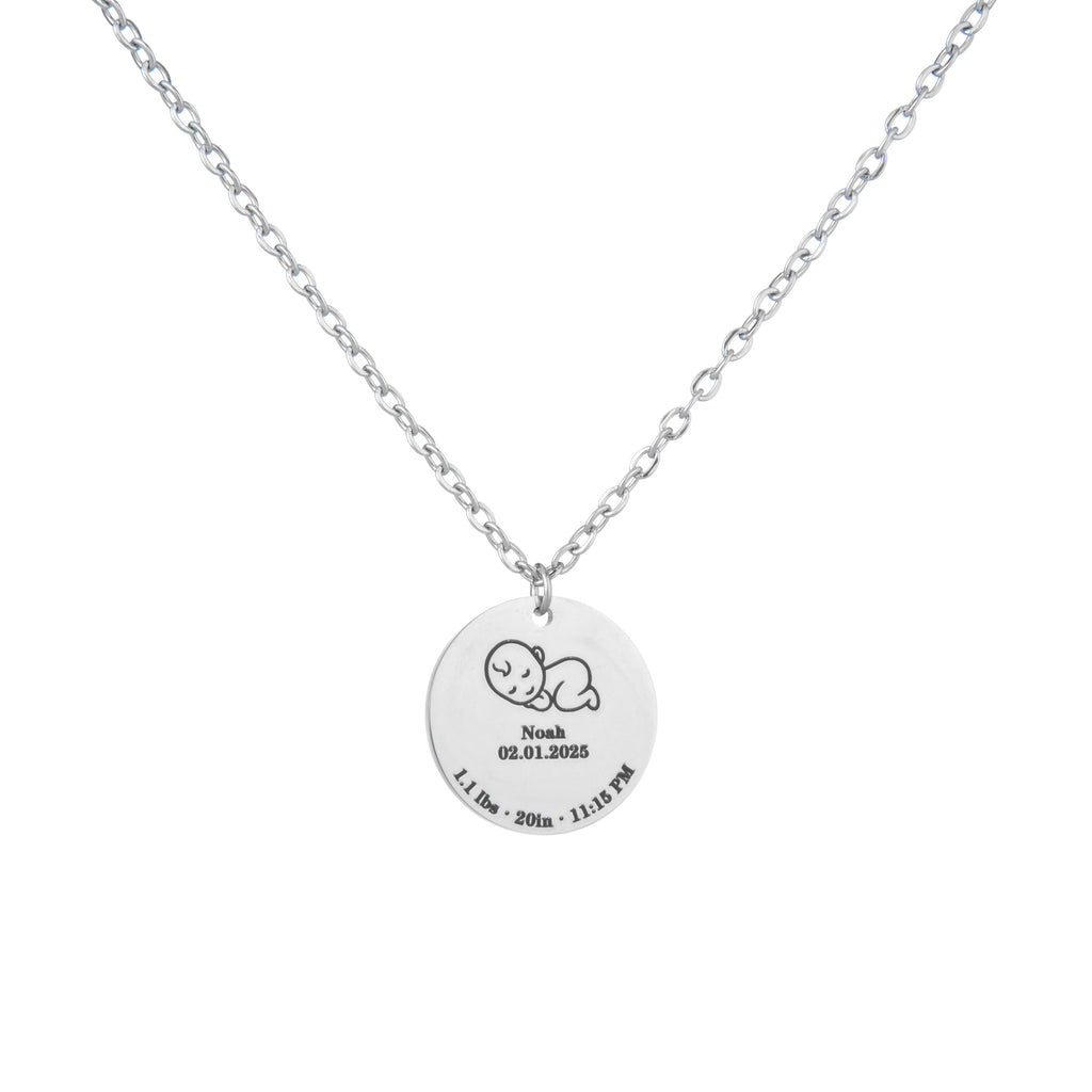 Custom Baby Birth Details Necklace – Engraved Pendant