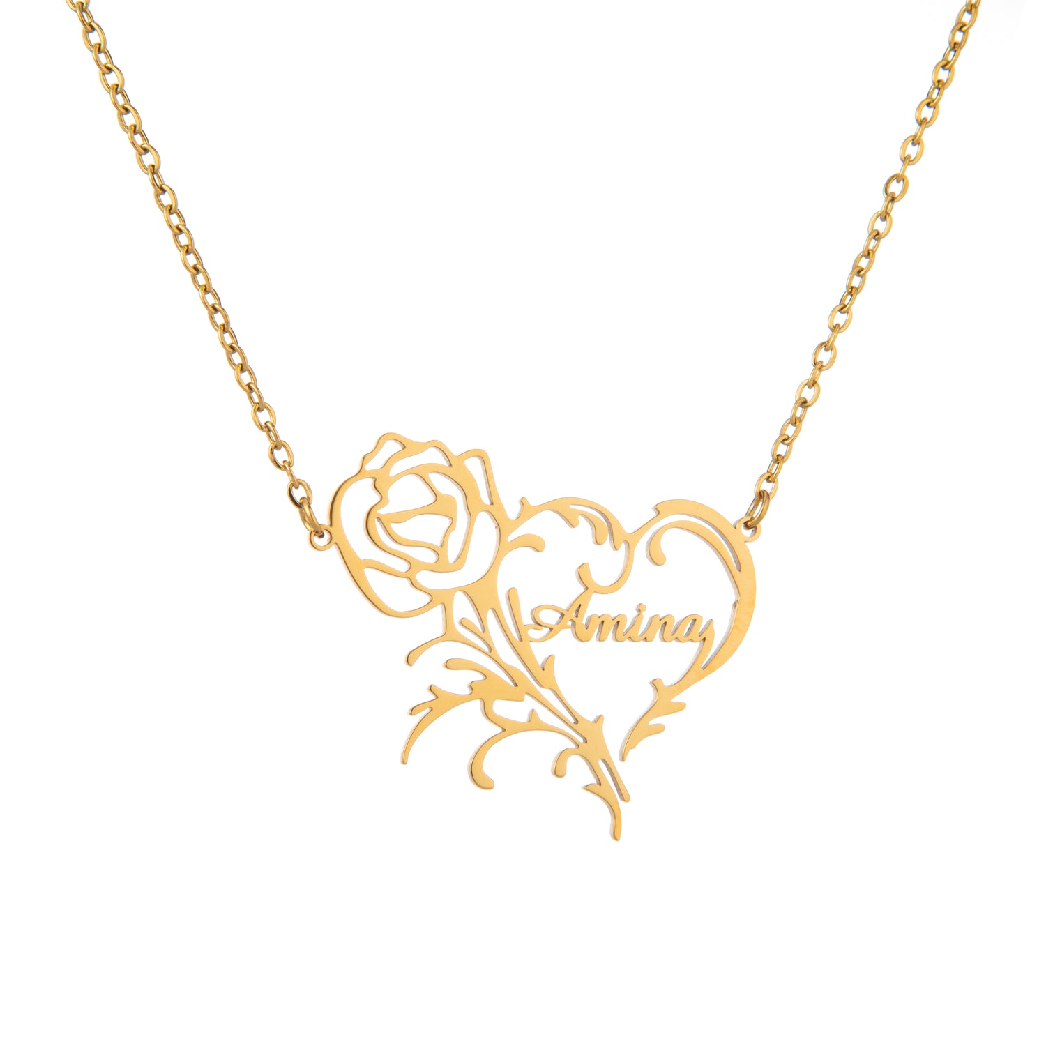 Custom Heart & Rose Name Necklace - Engraved Pendant