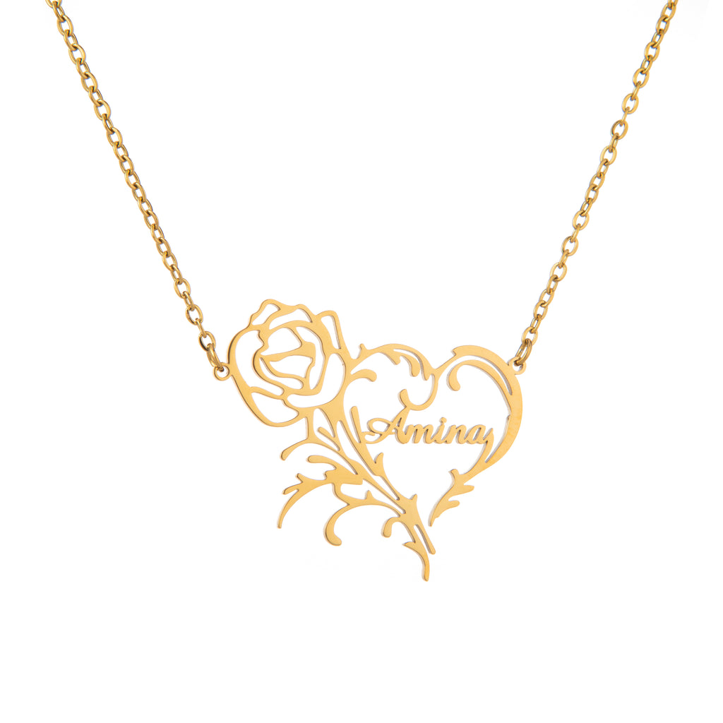 Custom Heart & Rose Name Necklace – Engraved Pendant