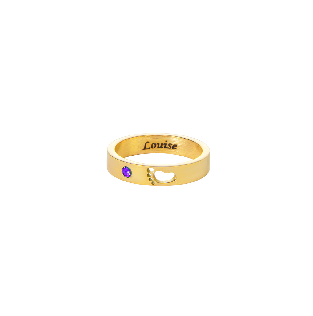 Personalized Engraved Ring with Name, Footprint & Birthstone