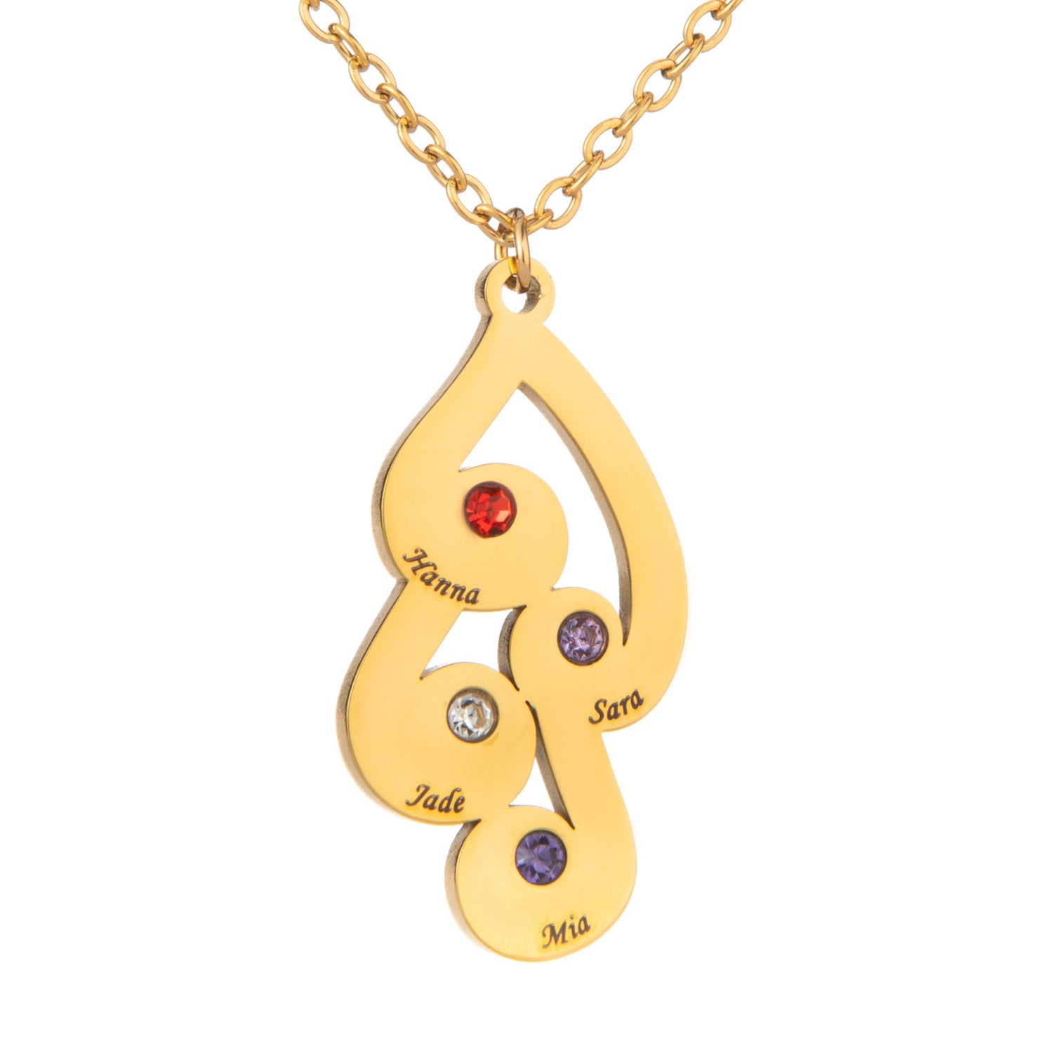 Collar personalizado de gotas entrelazadas con nombres y piedras de nacimiento grabados