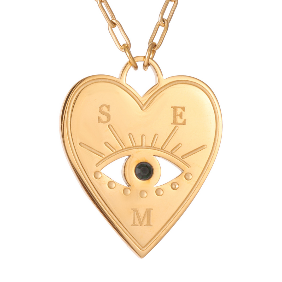Personalized Heart Necklace with Evil Eye and Stone