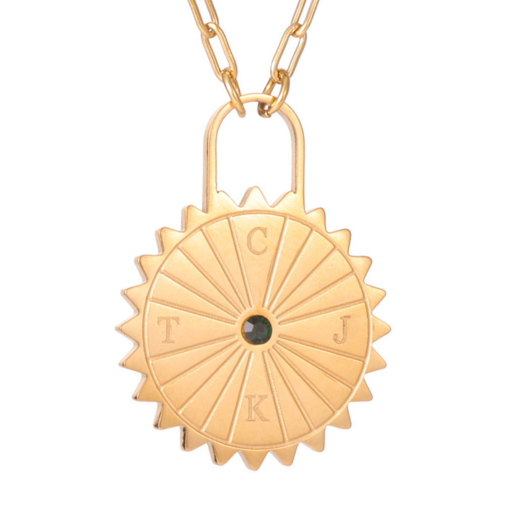 Personalized Sun Padlock Necklace with Initials & Stone