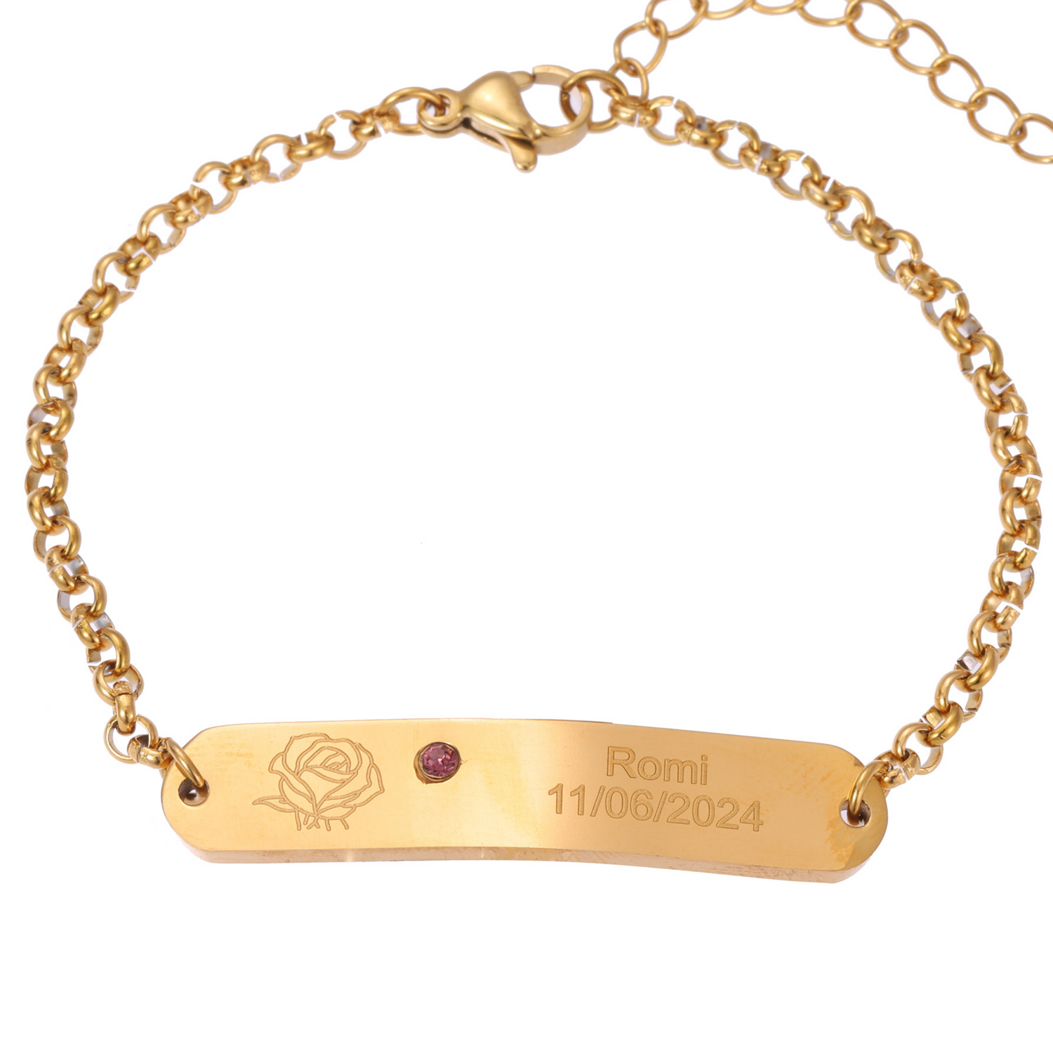 Personalized Engraved ID Bracelet with Flower and Birthstone