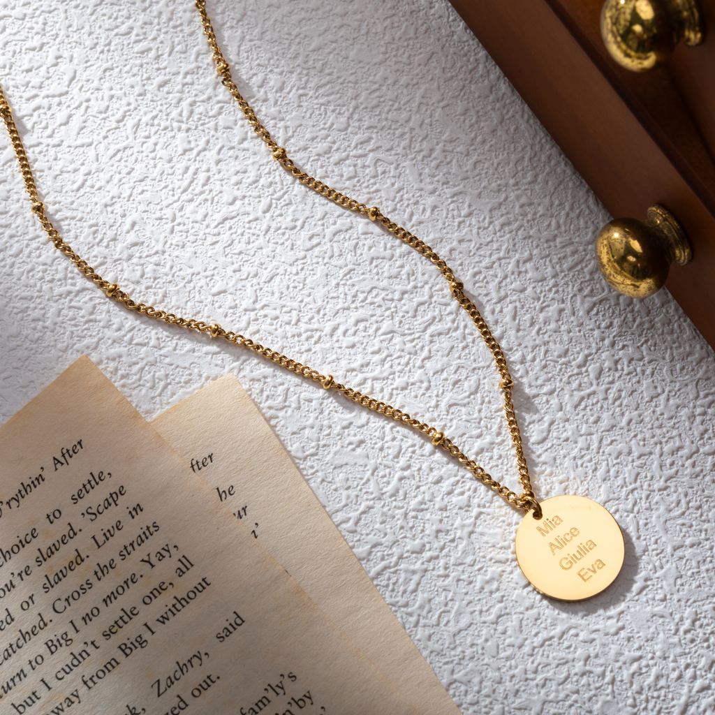 Personalized Engraved Disc Necklace with Beaded Chain