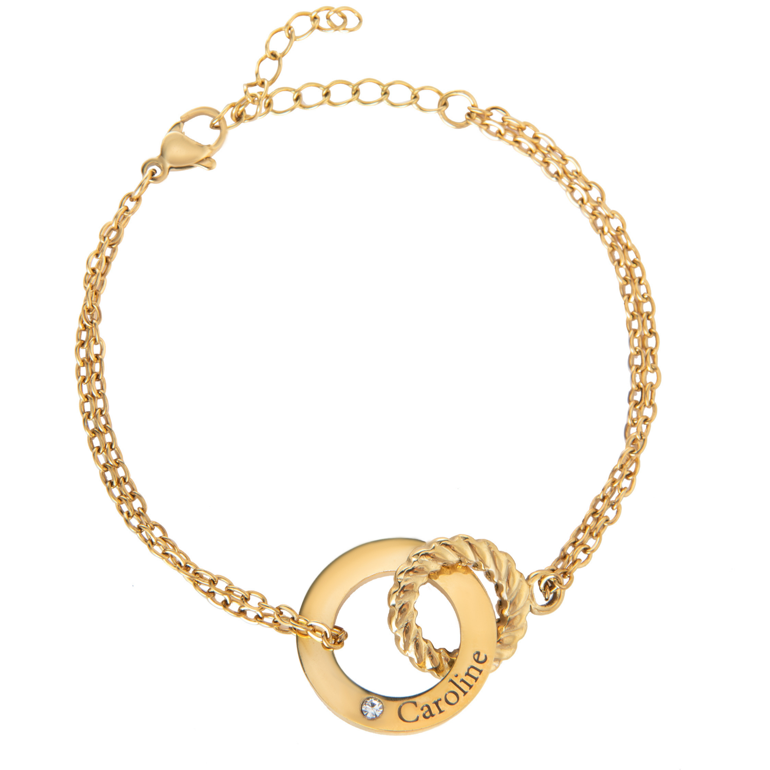 Engraved Circle Bracelet with Twisted Ring & Clear Crystal