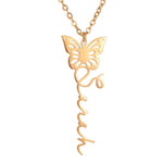 A gold-colored personalized butterfly pendant necklace with a chain, featuring a cut-out butterfly shape with a cursive script inside.