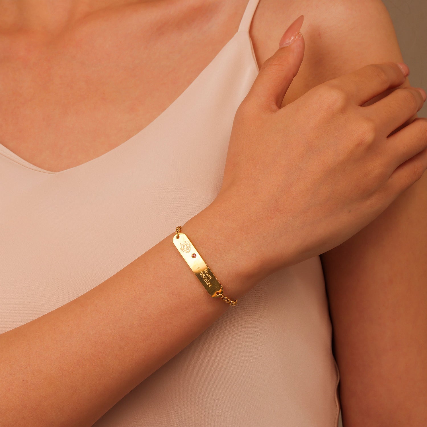 Personalized Engraved ID Bracelet with Flower and Birthstone