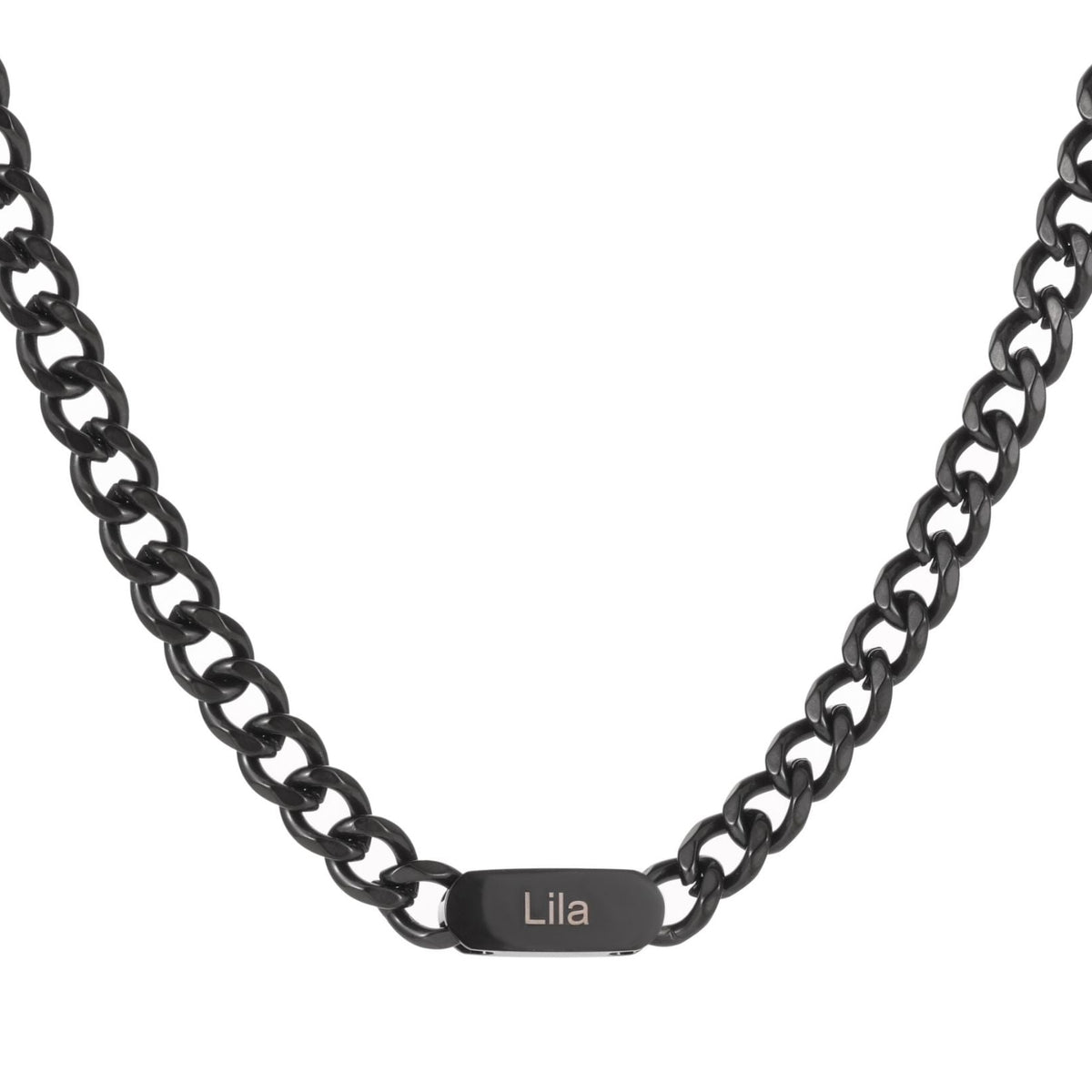 Black chain necklace with a nameplate on a white background