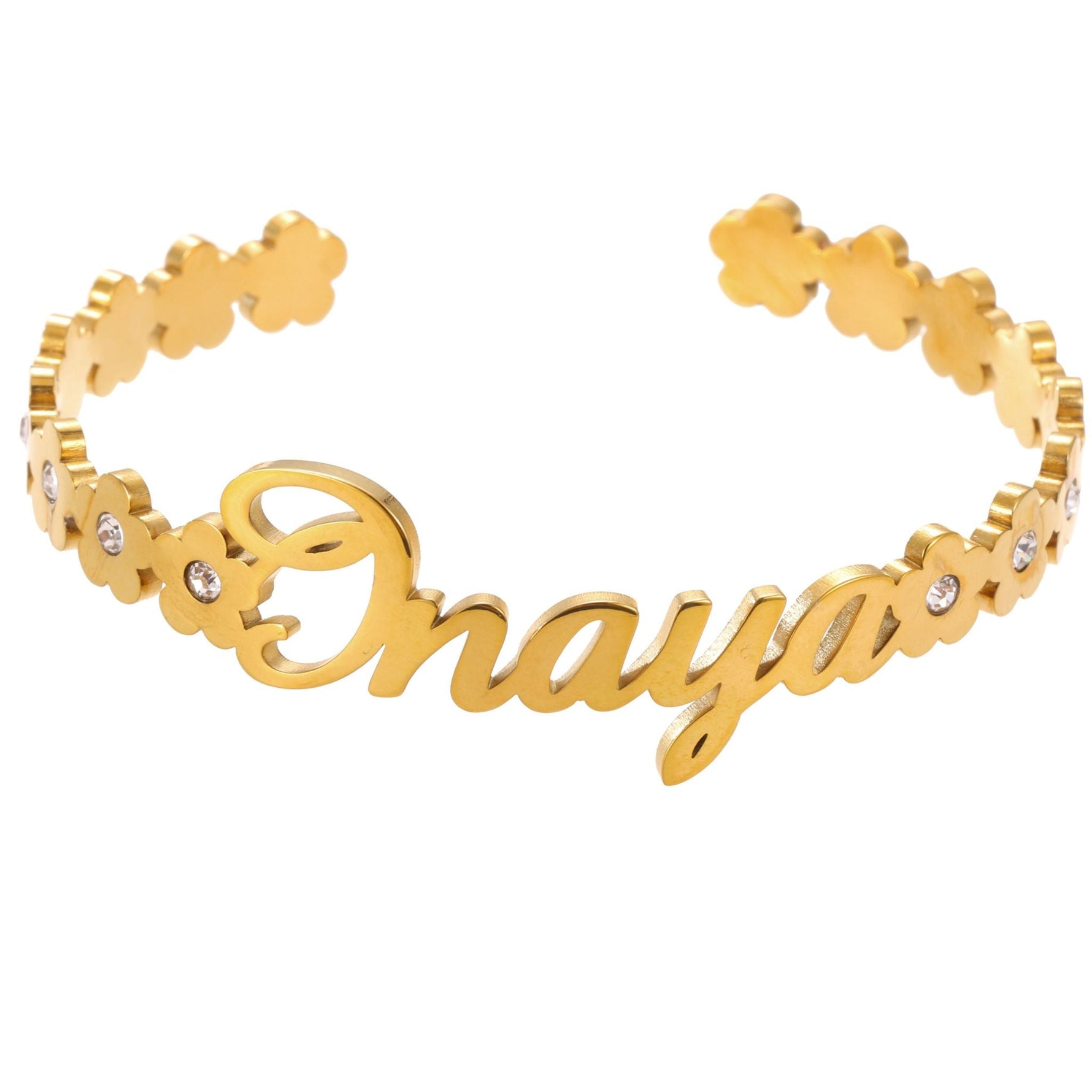 Gold bracelet with 'Onaya' engraving on a white background