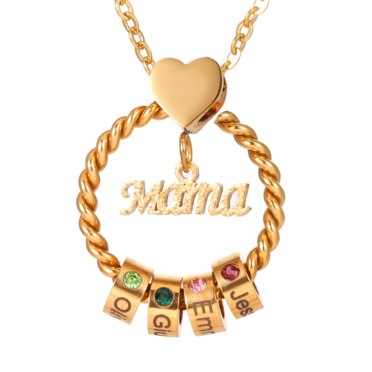 Gold necklace with heart pendant and name charms on a white background