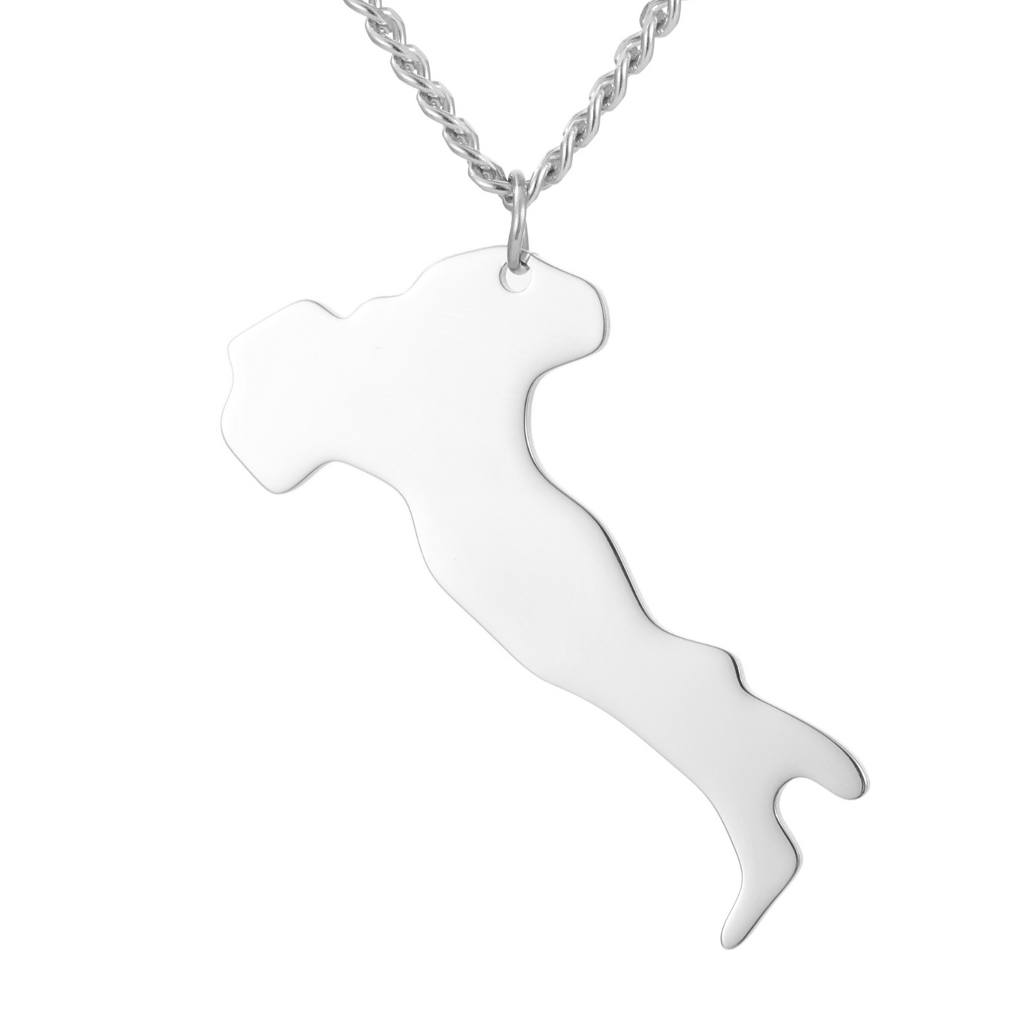 Silver necklace with a silhouette of Italy pendant on a white background