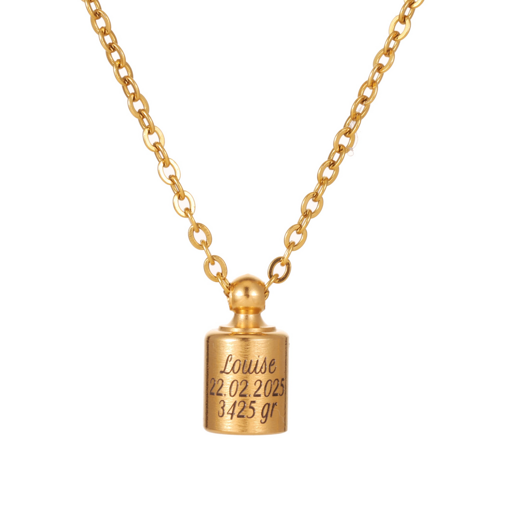Gold necklace with a small gold urn pendant on a white background