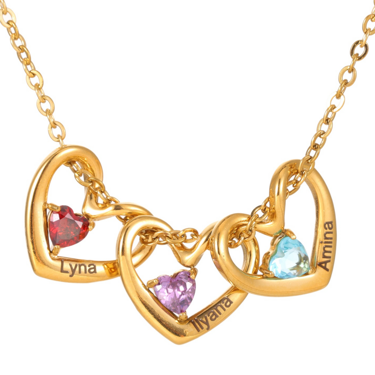 Gold necklace with interlocking heart pendants featuring names and colorful gemstones on a white background.