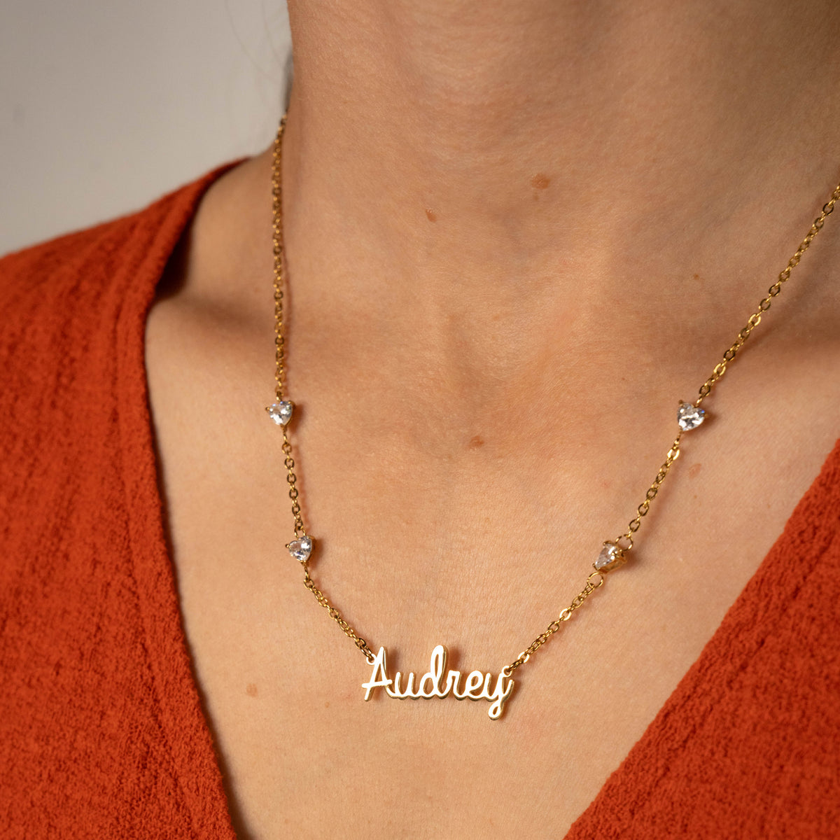 Custom Name Necklace with 4 Crystal Hearts