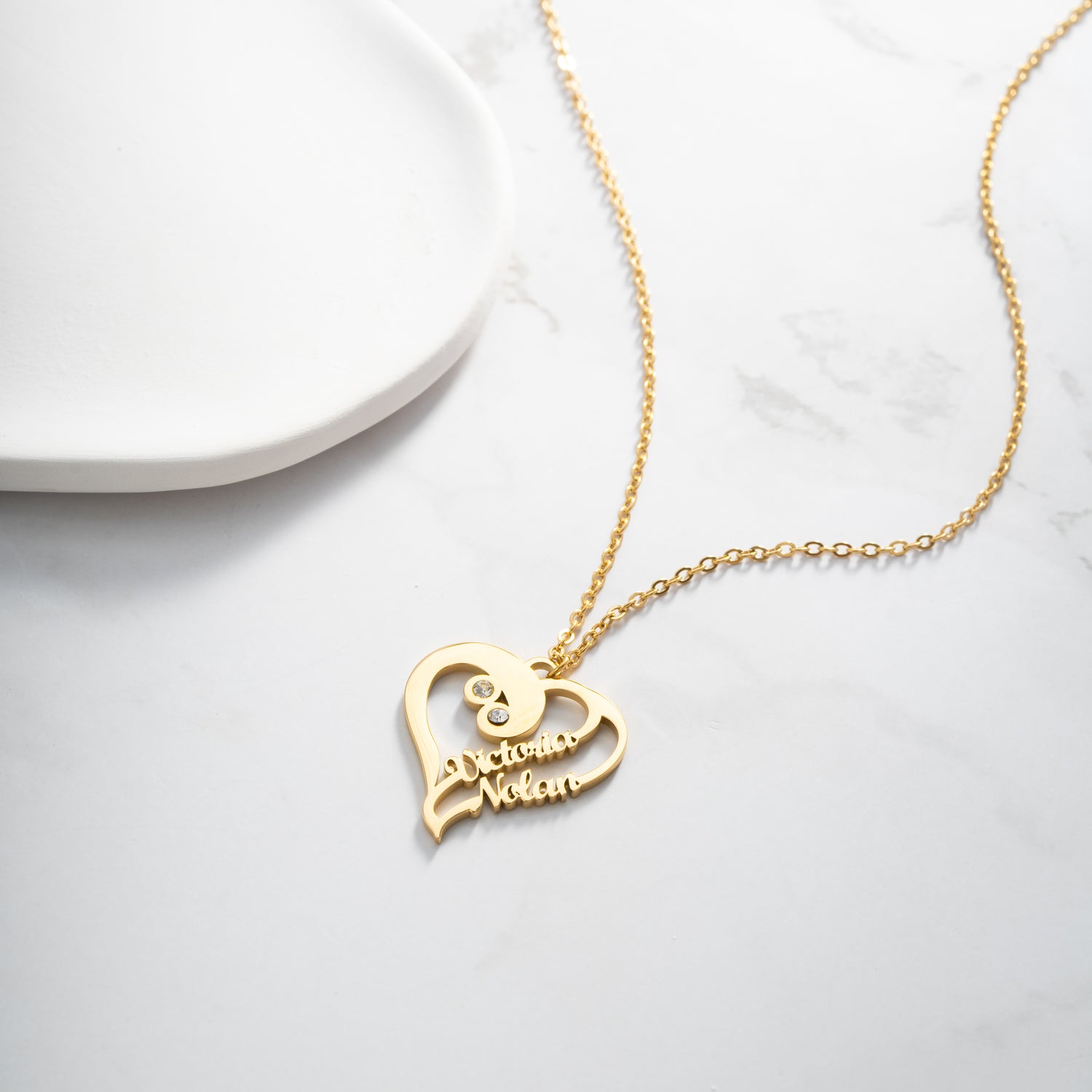 Collar con colgante personalizado de doble corazón fusionado y dos nombres