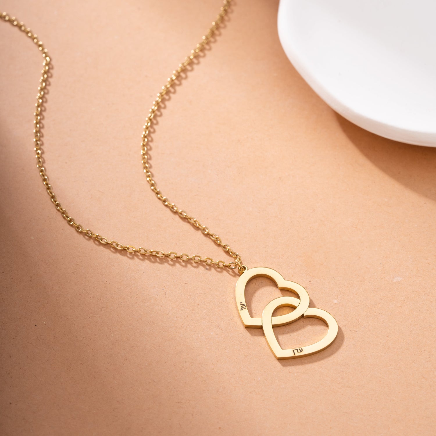 Hebrew Customizable Double Heart Necklace with Two Names
