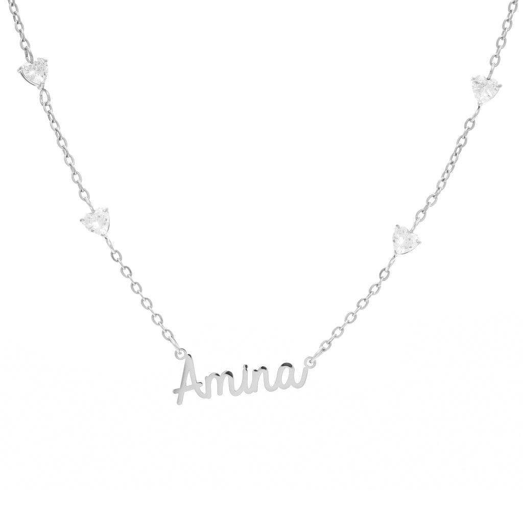 Name Necklace with 4 Clear Crystal Hearts