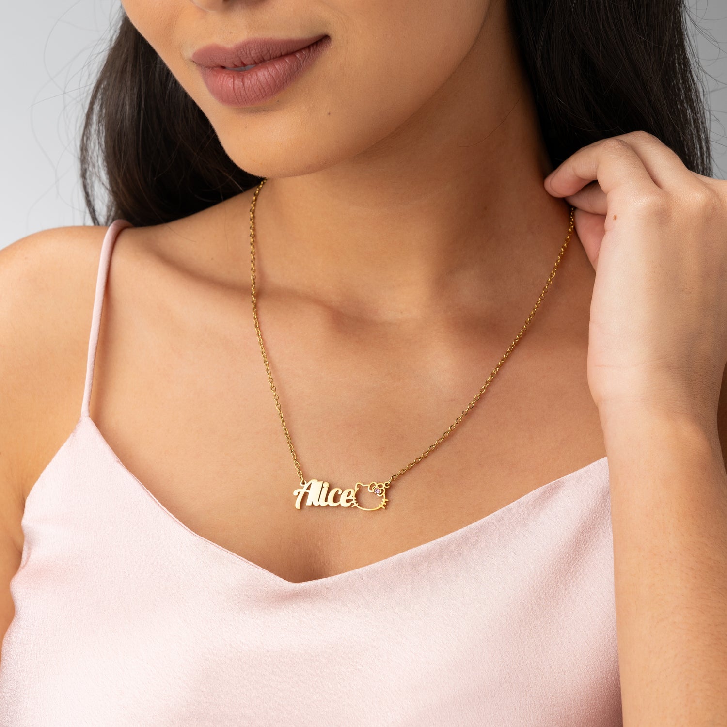Custom Name Necklace with Cute Cat Outline & Gemstone Bow