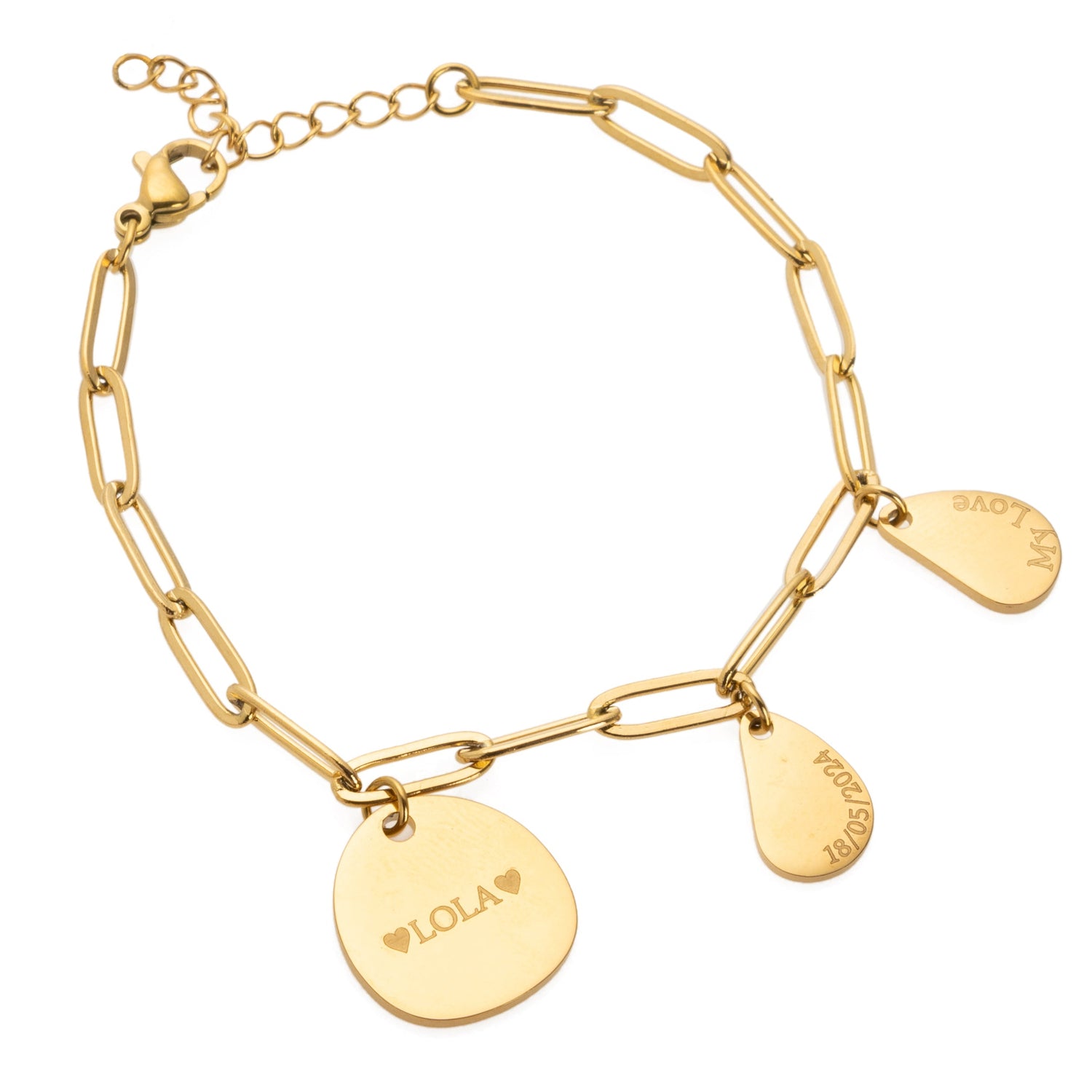 A gold-tone personalized Hazelwood pendant bracelet with three round charms, displayed on a white background.