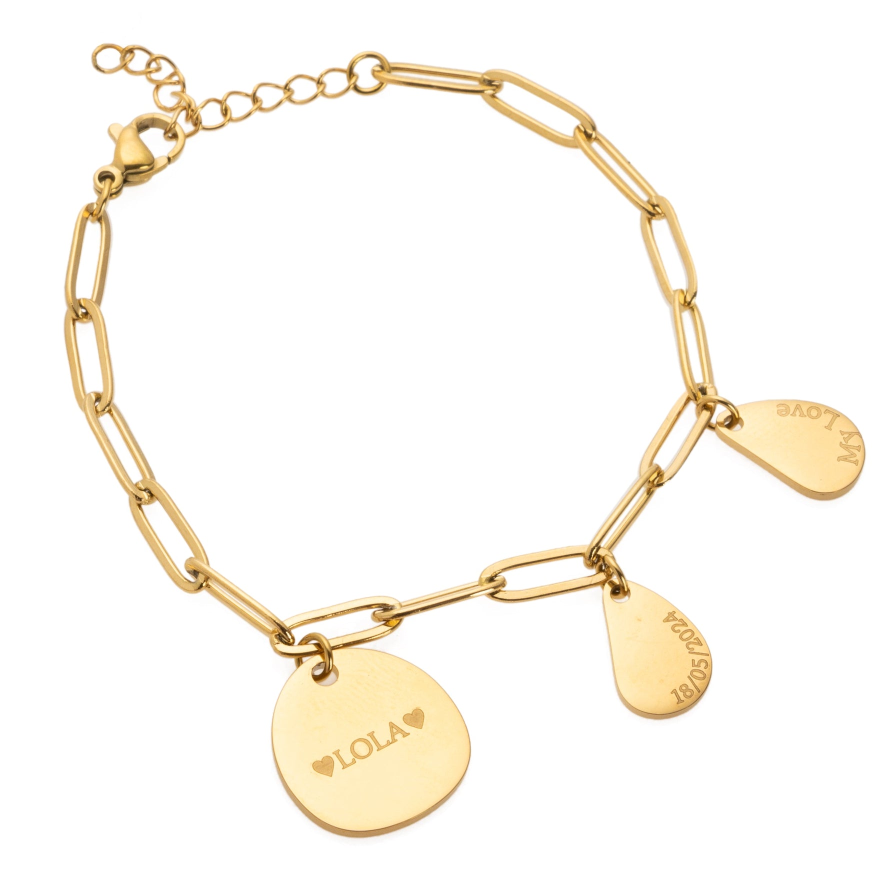 A gold-tone personalized Hazelwood pendant bracelet with three round charms, displayed on a white background.