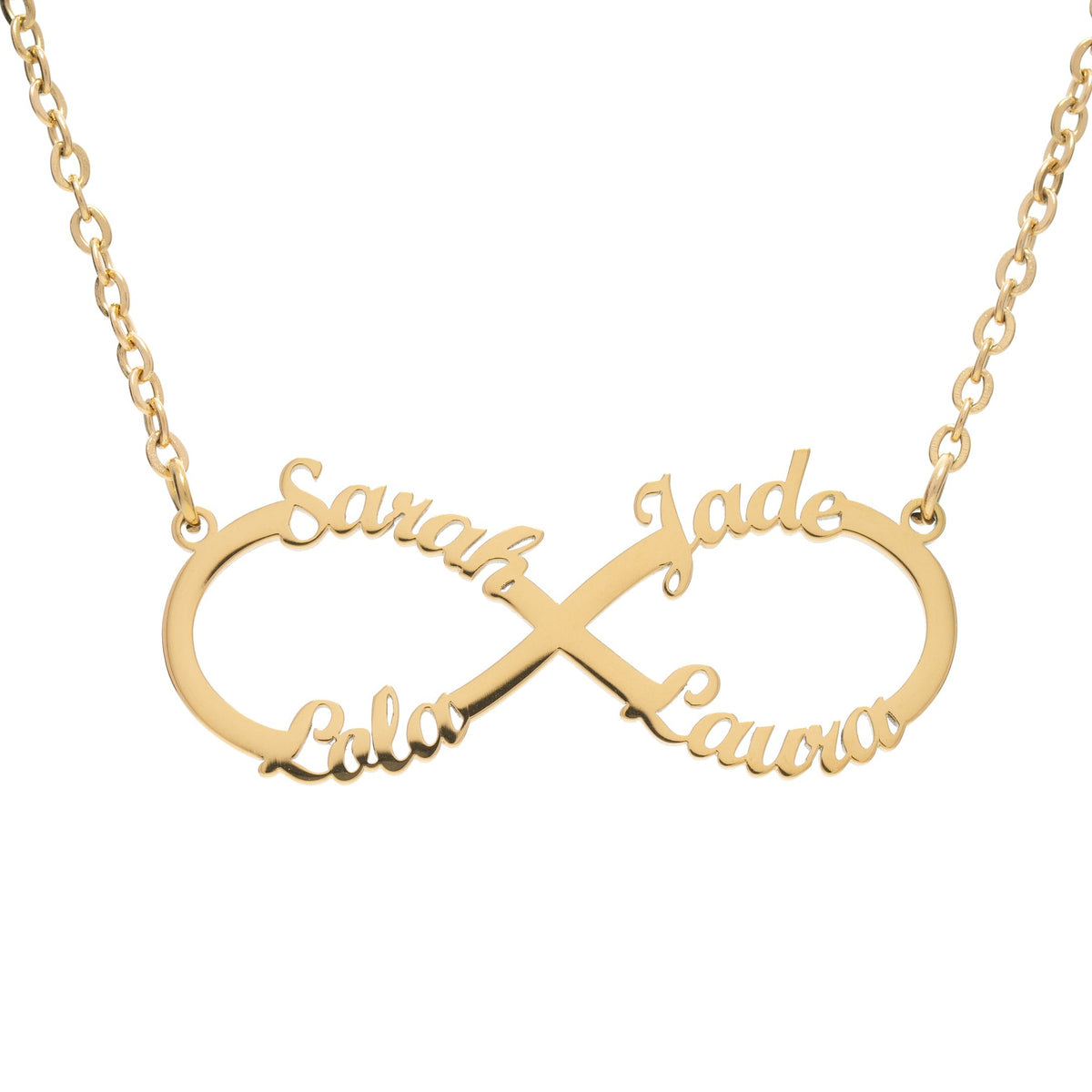 A custom infinity sign necklace with four names engraved on it, displayed on a white background.