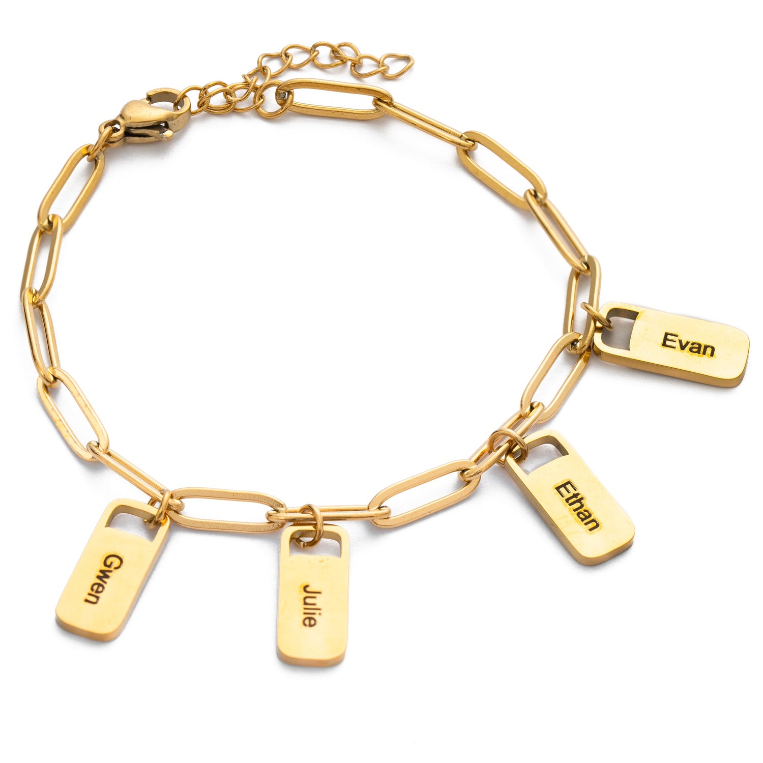 A gold-tone personalized keepsake charm bracelet with multiple charms featuring engraved names.