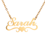 Gold necklace with 'Sarah' pendant on a white background