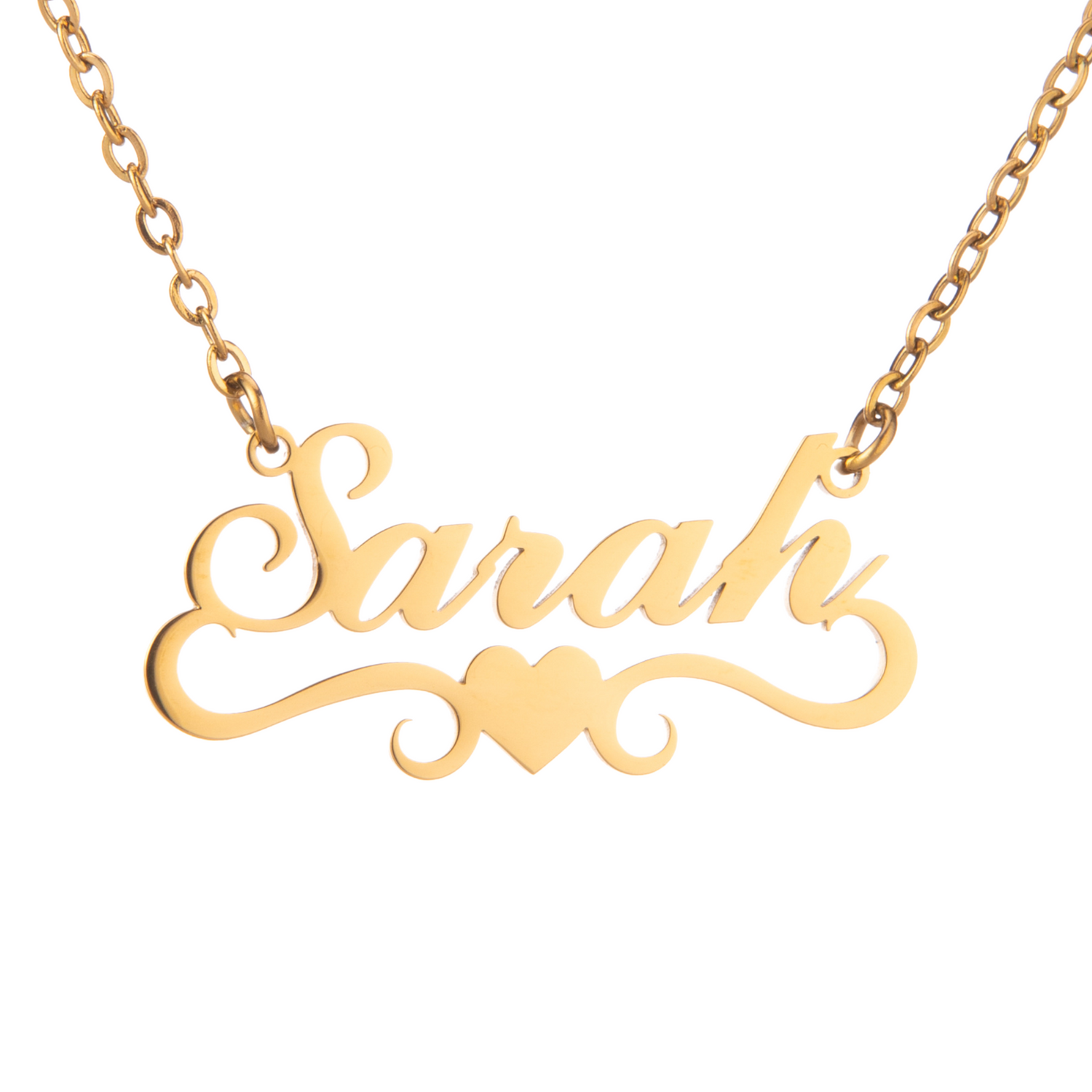 Gold necklace with 'Sarah' pendant on a white background