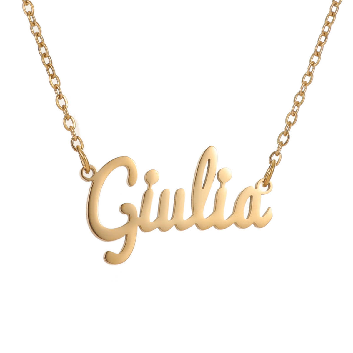 Gold necklace with 'Giulia' pendant on a white background