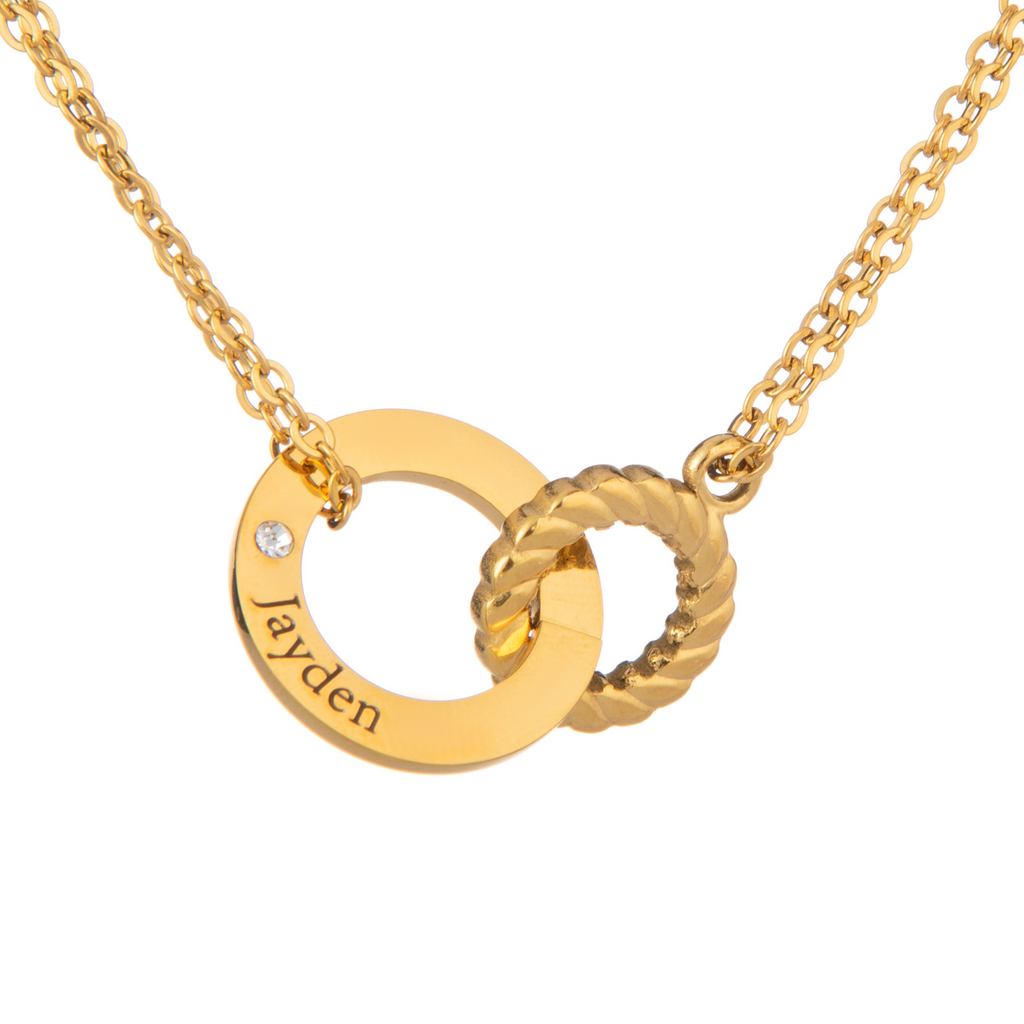 Engraved Circle Necklace with Twisted Ring & Clear Crystal