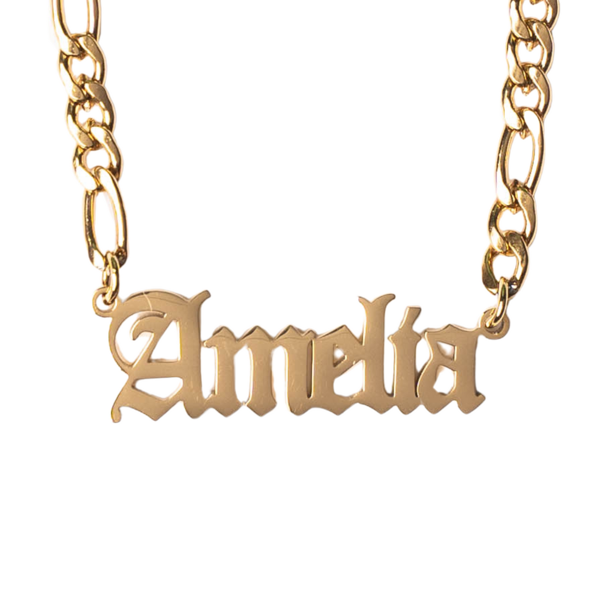 Gold chain necklace with 'Amelia' in a Gothic font pendant on a white background