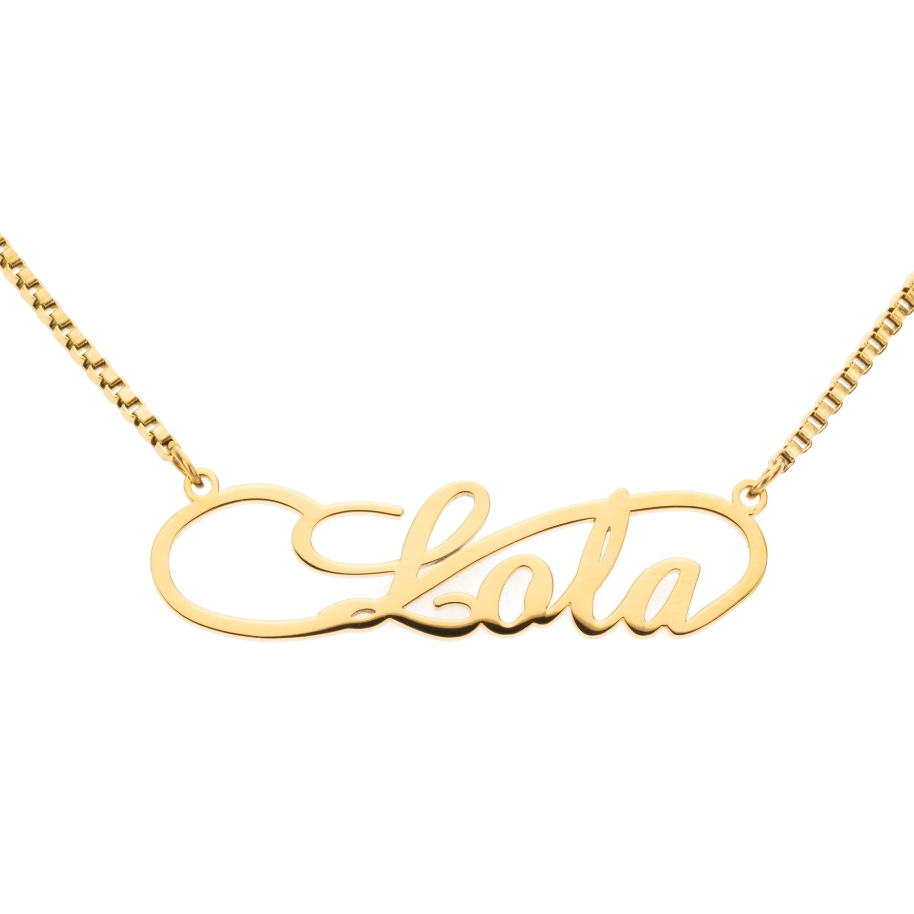 A gold-plated custom name necklace attached to a fine link chain, with the name 'Lola' displayed on the infinity symbol.